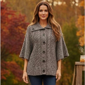 Y2K Chunky Marled Knit Button Front Cardigan Sweater Coat Gray Brown Women L-XL